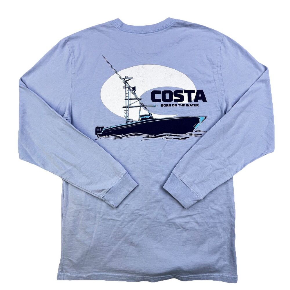 Costa Del Mar  T-Shirt Men’s M Blue Long Sleeve Fishing Boat Born On The Water